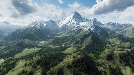 Fototapeta premium Majestic Mountain Range with Snow-Capped Peaks and Lush Green Valley
