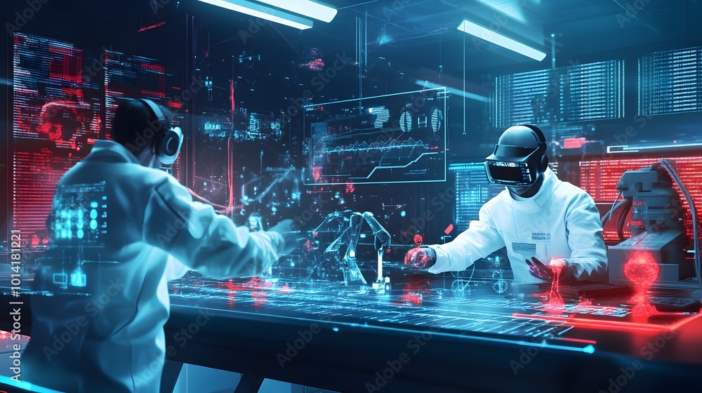 Aufkleber two scientists in a futuristic lab working with virtual reality technology