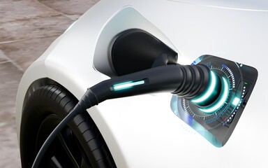 Electric battery car charge at EV station. Electric car charger, new technology, replaces internal combustion engines with oil. Future technology, clean energy. 3d rendering.	

