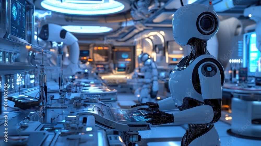 Poster robot in a futuristic lab