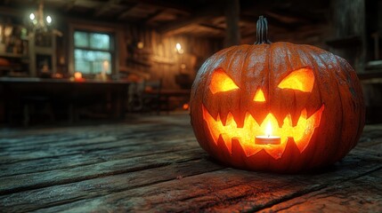 Obraz premium A carved pumpkin glowing in a rustic, cozy room for Halloween.