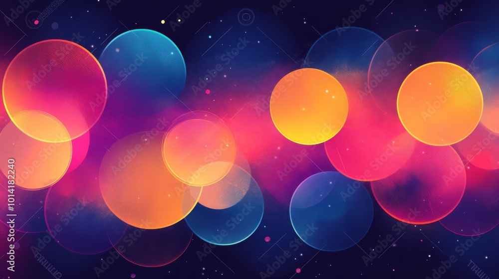 Poster vibrant colorful bokeh circles on dark background, abstract light pattern. artistic and creative con