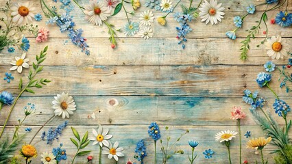 A rustic wooden surface adorned with a vibrant arrangement of delicate blooms, creating a natural and charming backdrop for a message of hope and renewal.
