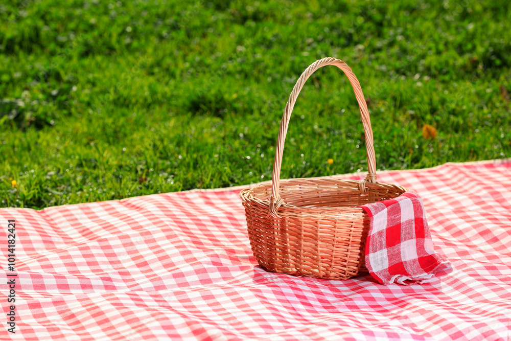 Canvas Prints One picnic wicker basket with checkered napkin and blanket on green grass. Space for text