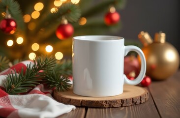 A cozy winter setting featuring a blank mug on a wooden coaster surrounded by holiday decorations and a Christmas tree