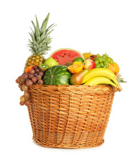 Many different fresh fruits in wicker basket isolated on white