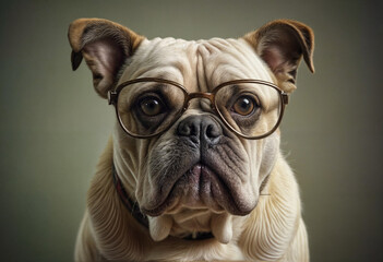 Portrait of a cute bulldog with a bow tie and glasses 