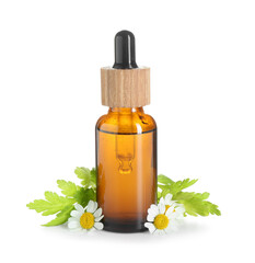Bottle of tincture and daisy flowers isolated on white