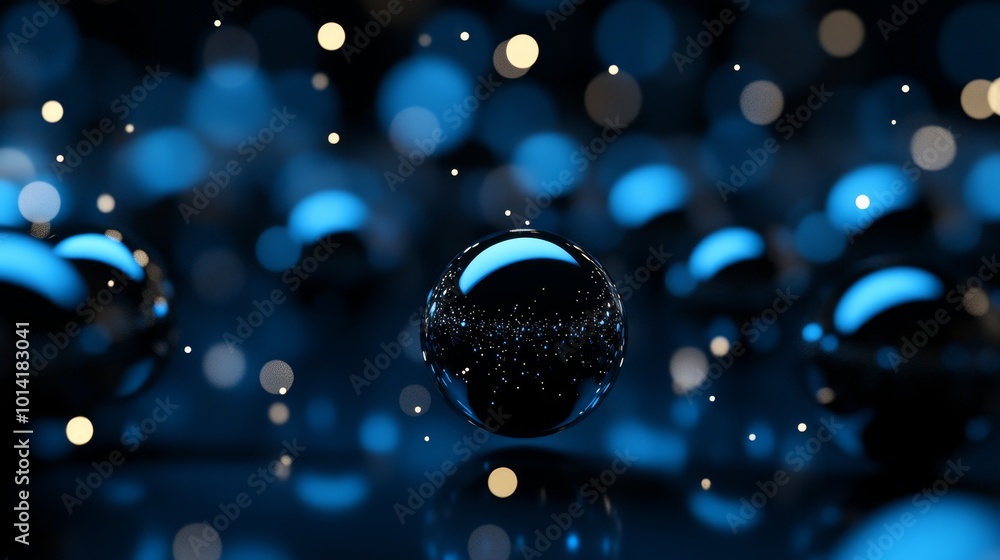 Poster a captivating abstract background featuring a cluster of reflective spheres set against a deep blue 