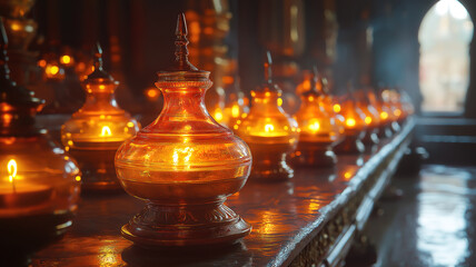 Glowing Oil Lamps Creating a Sacred Atmosphere in the Temple