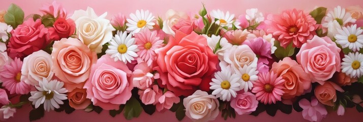 Naklejka premium A captivating bouquet of roses and daisies in soft pastel tones, symbolizing love, beauty, innocence, happiness, and new beginnings.