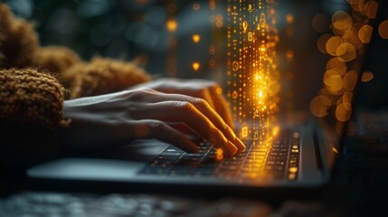 Womans Hands Typing on Laptop with Golden Data Stream, Technology and Innovation Concept