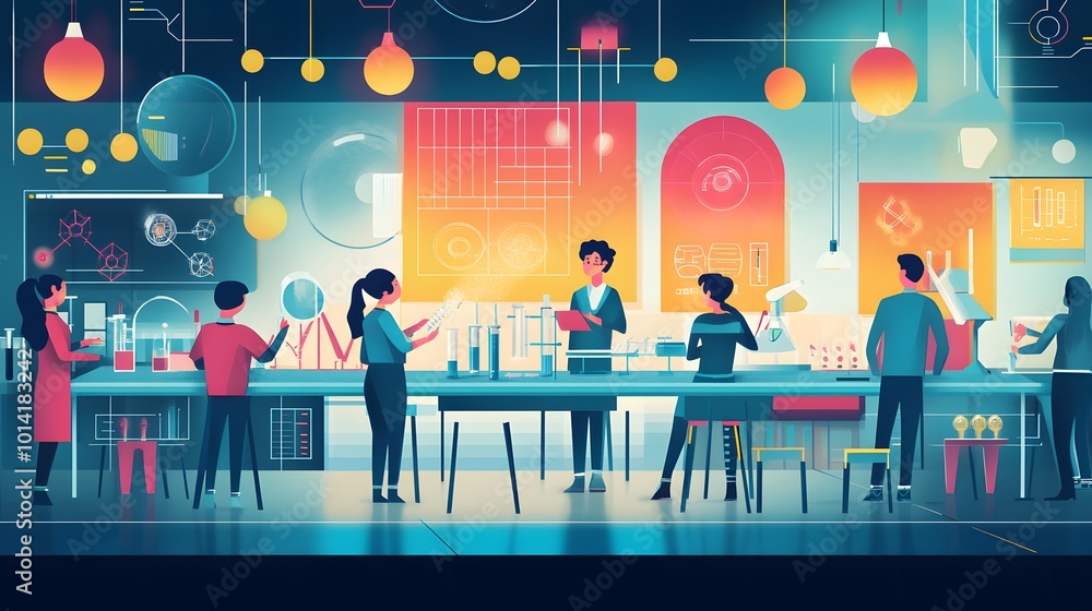 Poster scientists working in a futuristic laboratory setting