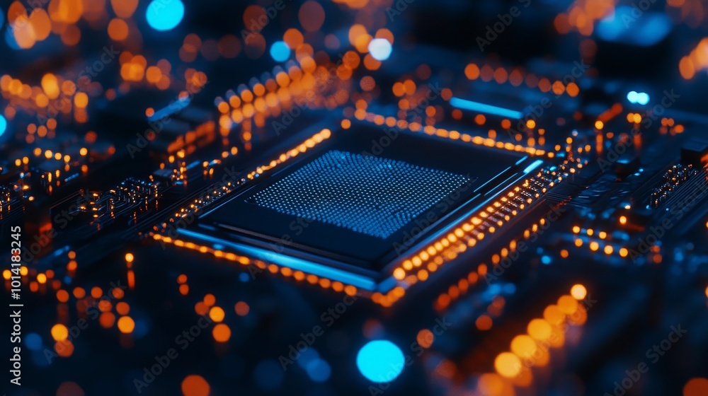 Poster a close-up image of a computer motherboard with blue led lights, showcasing the intricate circuitry 