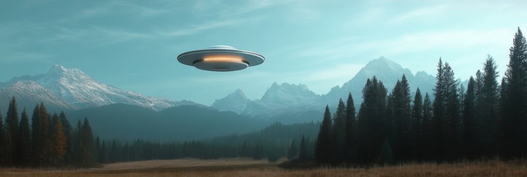 A classic UFO sighting over a stunning mountain range, a perfect image for sci-fi, mystery, and alien themes. The UFO hovers above the forested landscape, adding a sense of wonder and the unknown.