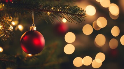 Fototapeta premium A close-up shot of a red Christmas ornament hanging on a Christmas tree, with warm, twinkling lights creating a festive ambiance.
