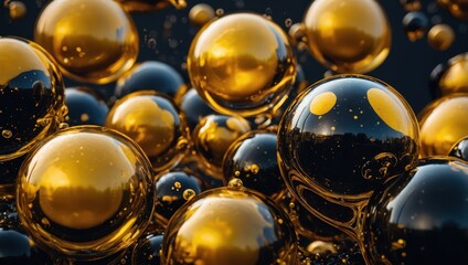 Close-up of reflective yellow and black soap bubbles, clustered on dark background.