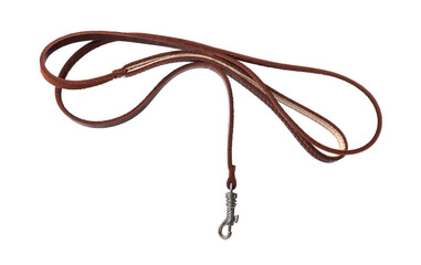 Brown leather dog leash isolated on white