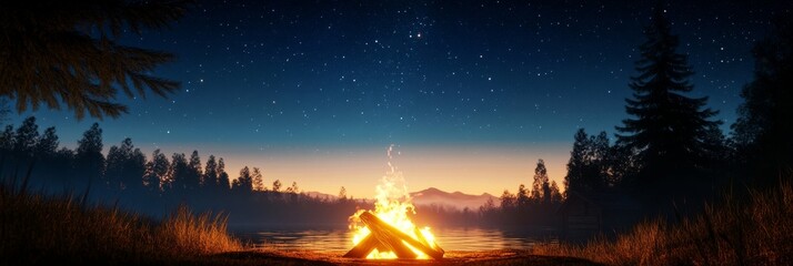Fototapeta premium A crackling campfire glows brightly under a night sky filled with stars. The flames cast a warm light on the surrounding forest, creating a sense of peace and tranquility.