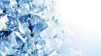 Shining blue diamonds on shiny background close-up with copy space, jewelry banner with space for text