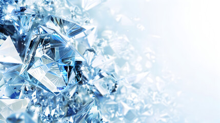 Shining blue diamonds on shiny background close-up with copy space, jewelry banner with space for text