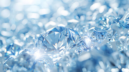Shining blue diamonds on shiny background close-up with copy space, jewelry banner with space for text