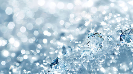 Shining blue diamonds on shiny background close-up with copy space, jewelry banner with space for text