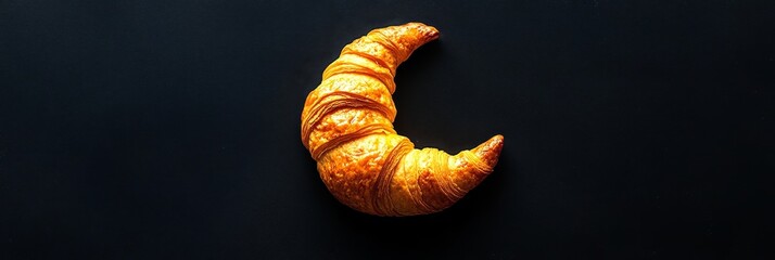A golden brown croissant shaped like a crescent moon, sitting on a black background. It represents  a delicious treat,  a symbol of new beginnings,  a touch of whimsy,  a taste of France,  and a simpl