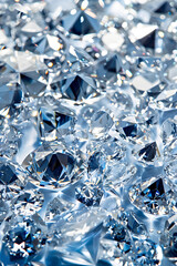 Shining blue diamonds on shiny background close-up with copy space, jewelry banner with space for text