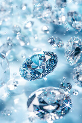 Shining blue diamonds on shiny background close-up with copy space, jewelry banner with space for text