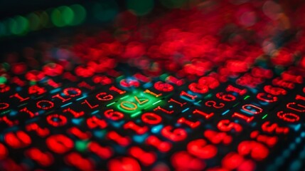 Close Up of Glowing, Multicolored Random Numbers With Shallow Depth of Field on Black Background.