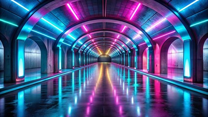 Neon Lights Illuminate a Serpentine Tunnel, a Dreamlike Passageway of Vivid Colors and Reflective Surfaces
