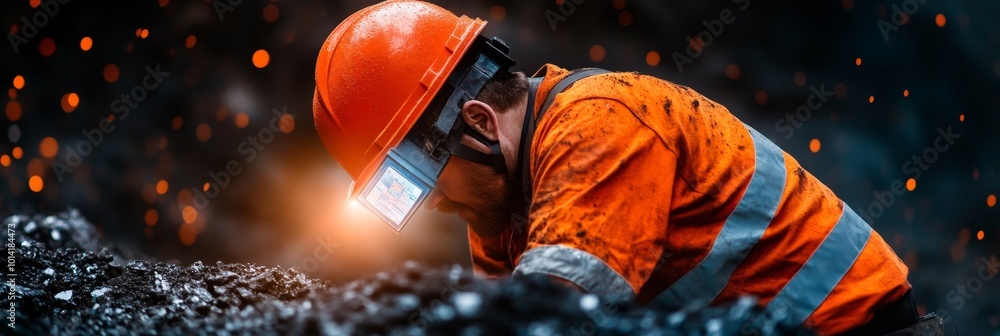 Poster a miner in a hard hat with a heads-up display, working in a dark and dangerous environment, showcasi