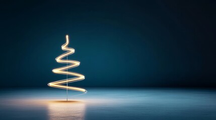 Obraz premium A minimalist Christmas tree design featuring a light trail in the shape of a tree on a dark blue background, symbolizing light, hope, celebration, winter, and holiday spirit.