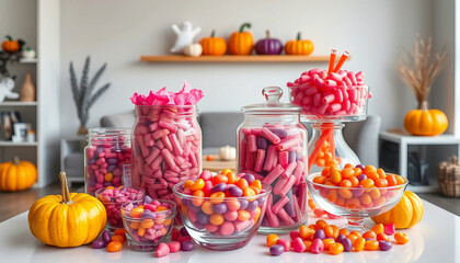 Fototapeta premium A vibrant Halloween-themed candy display featuring glass jars filled with pink and orange sweets, surrounded by decorative pumpkins and seasonal decor.