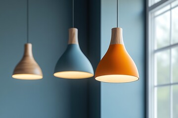 Obraz premium Three Hanging Lamps with Wood and Blue and Orange Colors