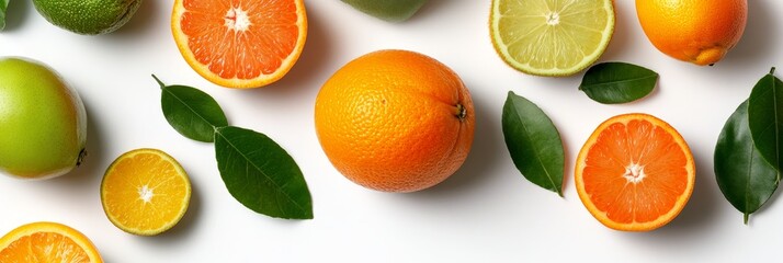 Obraz premium A vibrant collage of citrus fruits, including oranges, limes, and lemons, arranged on a white background. The image features whole fruits, slices, and leaves, creating a refreshing and appetizing visu