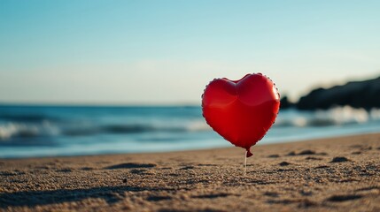 Fototapeta premium A vibrant heart-shaped balloon stands on sandy shores, symbolizing love, warmth, joy, and serenity by the ocean under a clear sky.