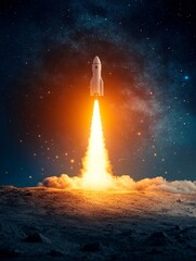 A white spaceship launches from a planetary surface, leaving a trail of fiery exhaust, with stars and a galaxy in the background, symbolizing exploration, ambition, progress, and the future of space t
