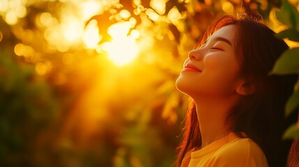 Fototapeta premium A young Asian woman with closed eyes and a happy smile, basking in the warm glow of the setting sun, radiating joy and serenity. The image evokes feelings of peace, gratitude, and the beauty of nature