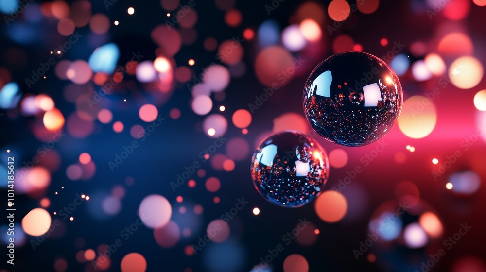 Poster abstract background with two reflective spheres floating in a field of bokeh lights. representing te