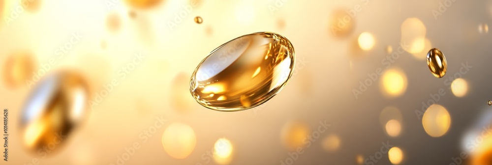 Poster abstract golden bokeh background with floating liquid droplets, perfect for creating a luxurious and