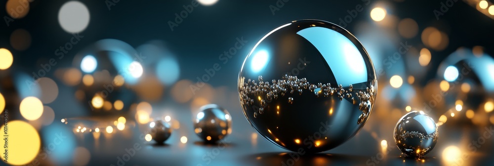 Poster abstract composition of shiny metallic spheres with blurred bokeh lights in the background, represen