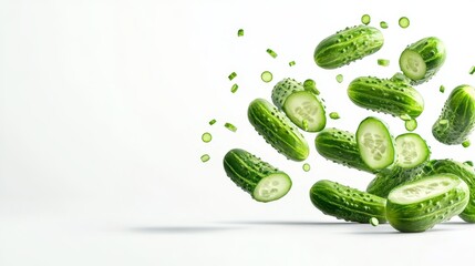 Fresh Green Cucumber Slices and Whole Cucumbers Falling in Air, isolated on white background. Representing healthy eating, freshness, summer vibes, and vibrant green colors.