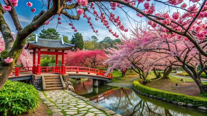 A vibrant Japanese plum tree known as ume stands in full blossom surrounded by a blooming garden with a striking red torii gate and a bridge in the foreground, nature, cherry blossom