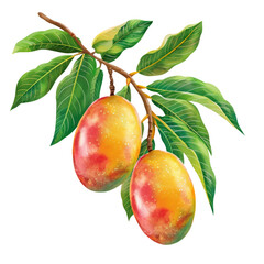 mango fruit on a branch with leaves illustration isolated on transparent white background, clipping path