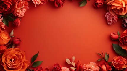 Fototapeta premium Vibrant Orange and Red Rose Floral Frame for a romantic and elegant design. This frame features roses of various shades, symbolizing love, beauty, and passion.
