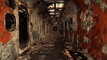 Naklejka premium Forgotten Train Corridor: A Haunting Journey Through Time