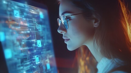 Woman with glasses looking intently at a computer screen with blue glowing digital data.