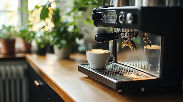 Coffee machine brewing hot coffee dispensing cup steam equipment espresso. AI generated